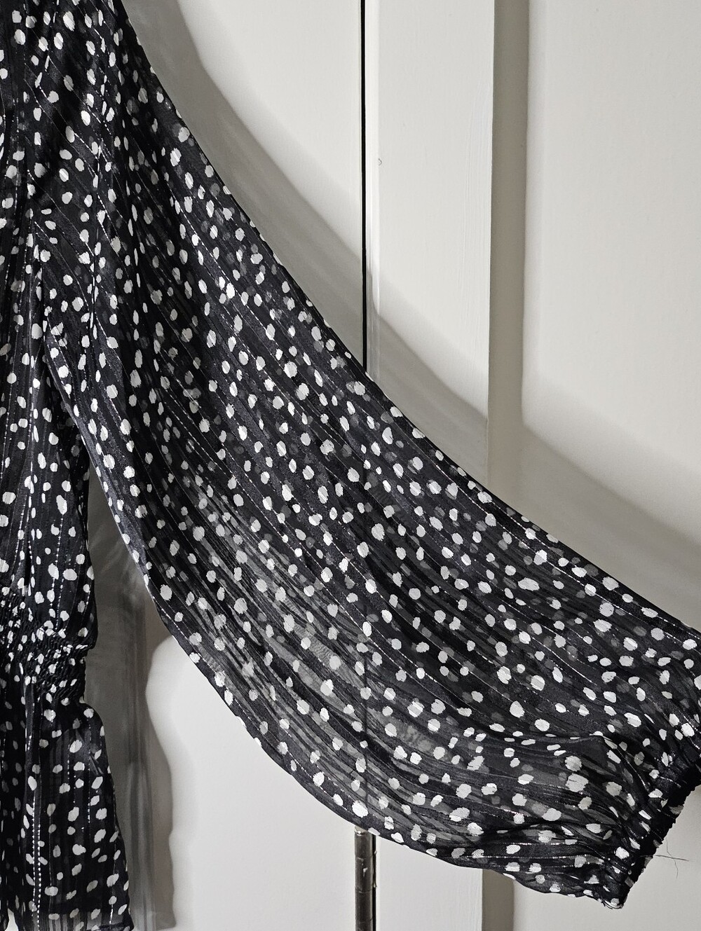 Emaline Petite Large Black Polka Dot Blouse Ruffle Smocked Peplum Sheer Metallic - Picture 7 of 14